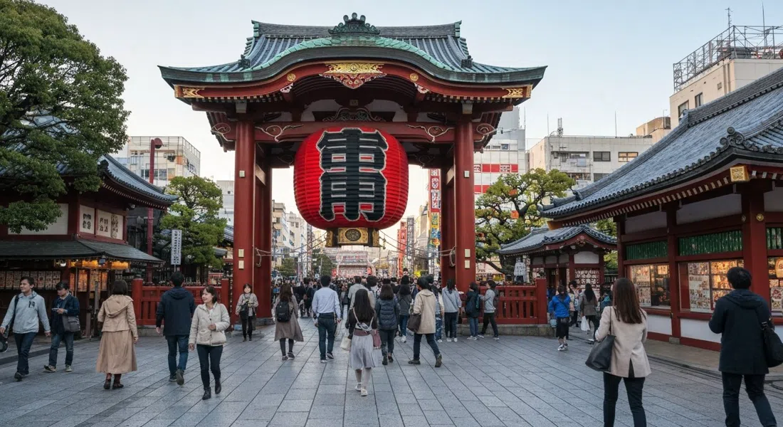 la puerta Kaminarimon en Asakusa con su enorme linterna roja colgando sobre la multitud, la luz matinal alcanza las estatuas guardianas de bronce y los primeros visitantes que llegan