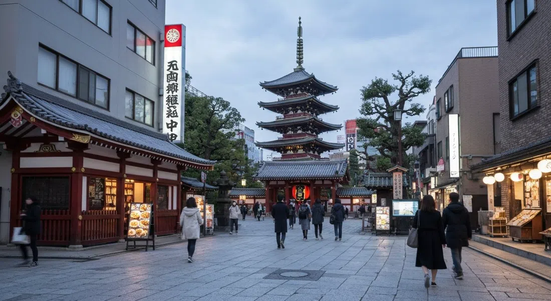el acceso principal de Senso-ji en Asakusa al atardecer, los terrenos del templo brillan suavemente con la pagoda de cinco pisos elevándose detrás de la puerta Hozomon