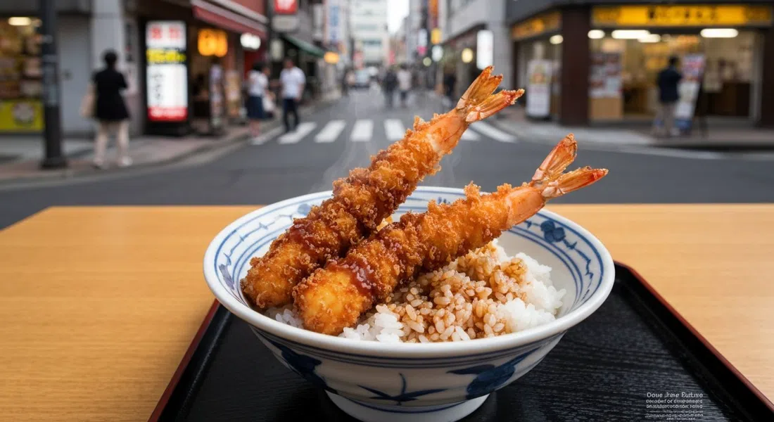 un tazón humeante de tempura de gambas con arroz en Daikokuya en la calle Denboin, salsa oscura brillando sobre el arroz bajo la cálida luz del restaurante