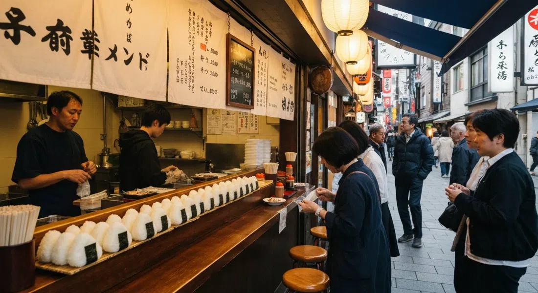 un mostrador en Onigiri Asakusa Yadoroku con bolas de arroz recién formadas alineadas en un pequeño mostrador de autoservicio, luz de almuerzo simple y un menú escrito a mano a la vista