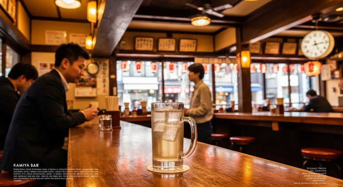 Kamiya Bar en Asakusa con su interior antiguo de estar de pie, un vaso de Denki Bran en la barra y luz de última hora de la tarde a través de las ventanas