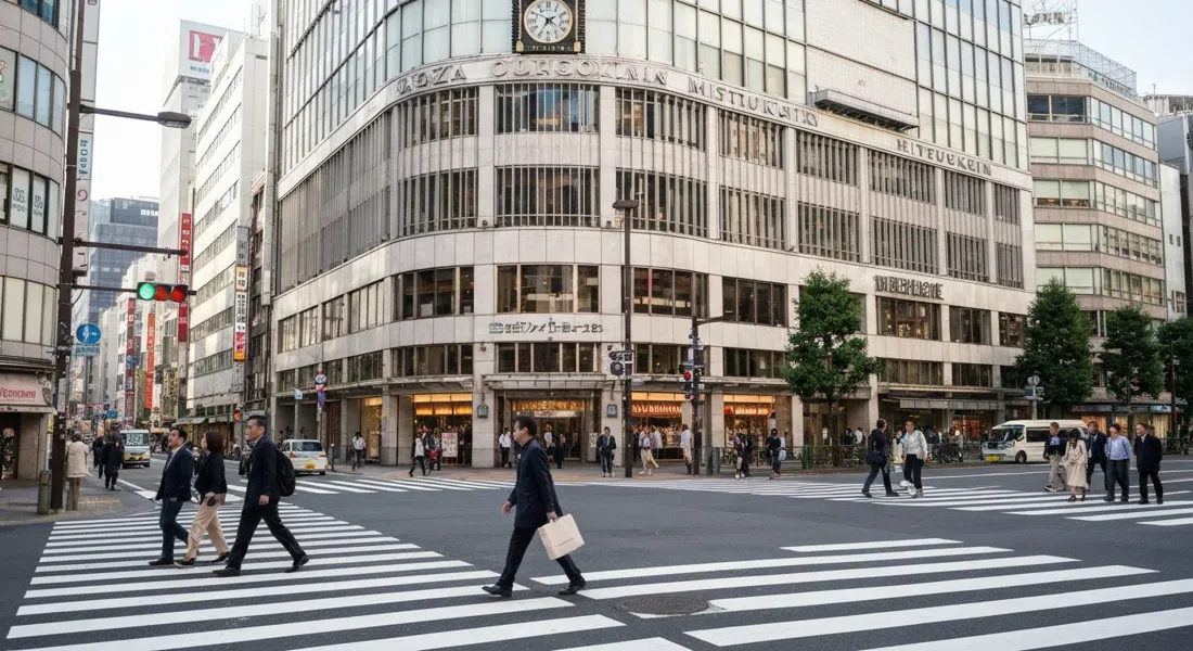 La torre del reloj Wako y Ginza Mitsukoshi frente a frente en el cruce de 4-chome, con peatones cruzando Chuo-dori bajo la brillante luz del día