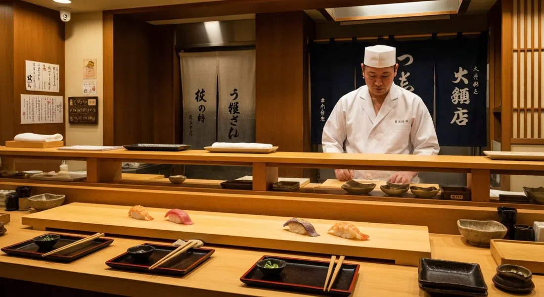 Un mostrador de sushi en Ginza Kyubey con un ambiente íntimo de omakase Edomae, nigiris fileteados ordenadamente en la tabla y un chef trabajando bajo la luz cálida del mostrador