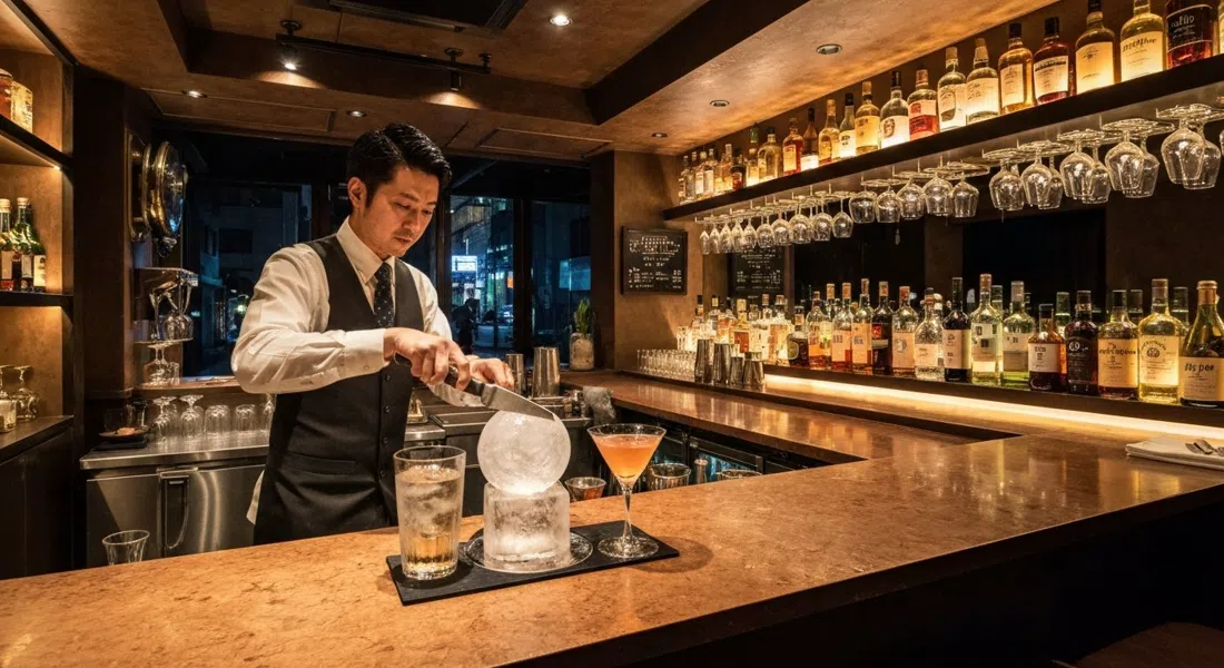 El íntimo bar subterráneo de Bar High Five en Ginza, un barman tallando una esfera de hielo transparente junto a un cóctel a medida sobre un mostrador pulido