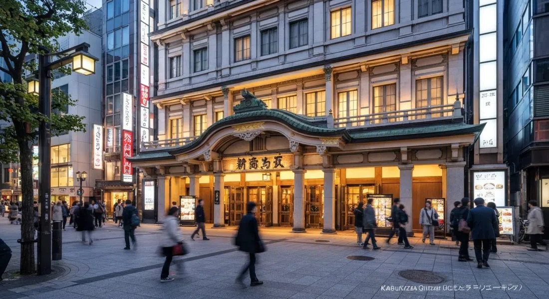 El Teatro Kabukiza en Ginza al anochecer, su gran fachada iluminada suavemente, con la galería del quinto piso y el jardín en la azotea sugeridos sobre la entrada