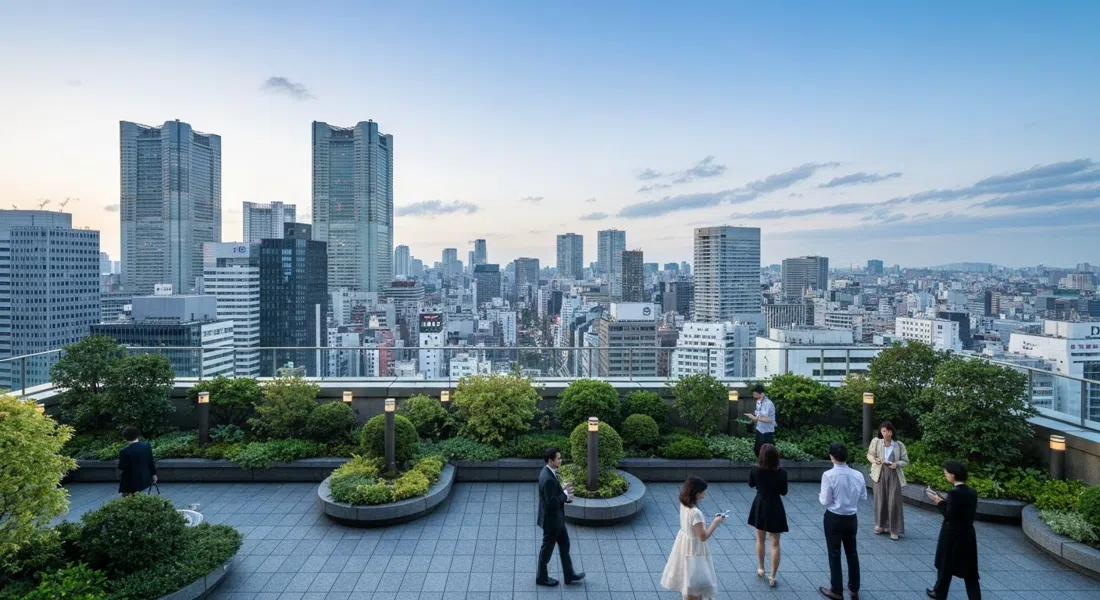 el jardín en la azotea del piso 13 de Ginza Six con vistas al horizonte de Tokio, vegetación y el pulido distrito extendido abajo en la luz de la tarde