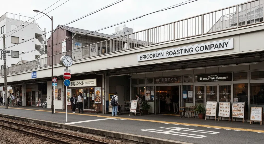Mikan Shimokita bajo las vías de la línea Keio en Shimokitazawa, con la entrada de Brooklyn Roasting Company y la arquitectura baja junto a la estación a la luz del día