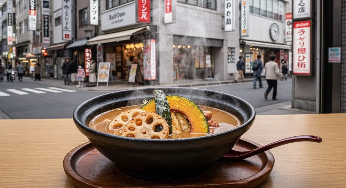 un tazón humeante de curry de sopa a tu gusto en Rojiura Curry Samurai, con raíz de loto asada, calabaza y verduras en un caldo profundo