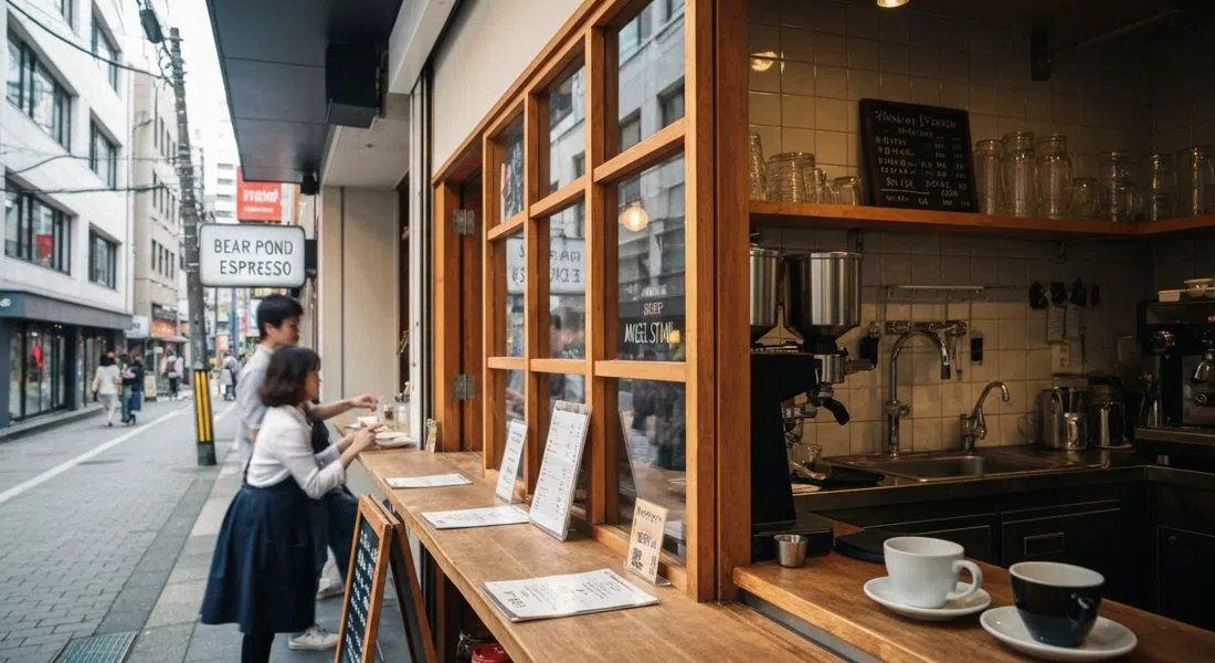 la diminuta barra de Bear Pond Espresso en Shimokitazawa, con un recién extraído espresso Angel Stain y una atmósfera de no fotos