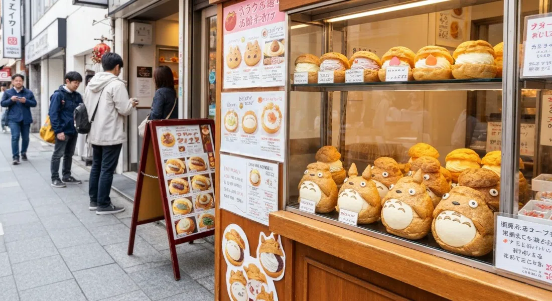 profiteroles con forma de Totoro en Shiro-Hige's Cream Puff Factory, con delicadas caras de hojaldre y rellenos de temporada en exhibición