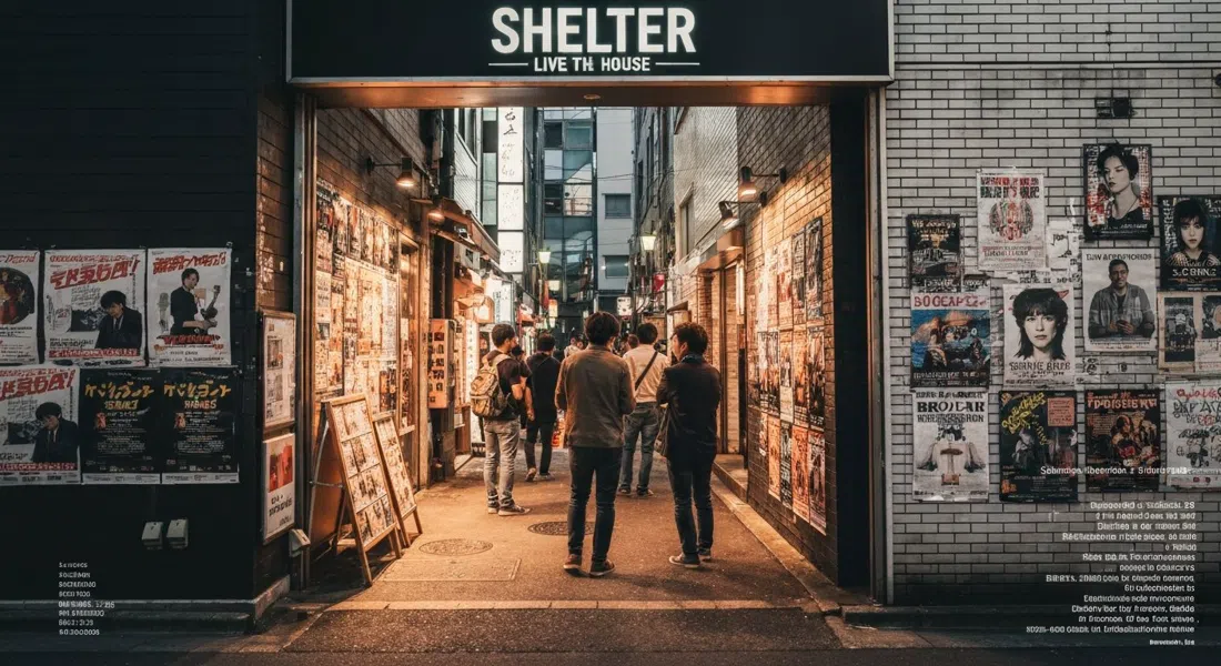 la entrada de Shelter live house en Shimokitazawa de noche, con carteles de conciertos, una calle estrecha y una pequeña multitud reunida antes de un espectáculo