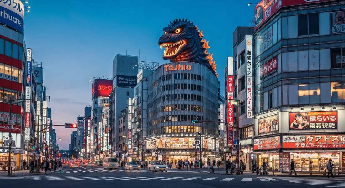 la cabeza de Godzilla en el Edificio Shinjuku Toho brillando sobre Kabukicho al atardecer, letreros de neón y tráfico callejero abajo