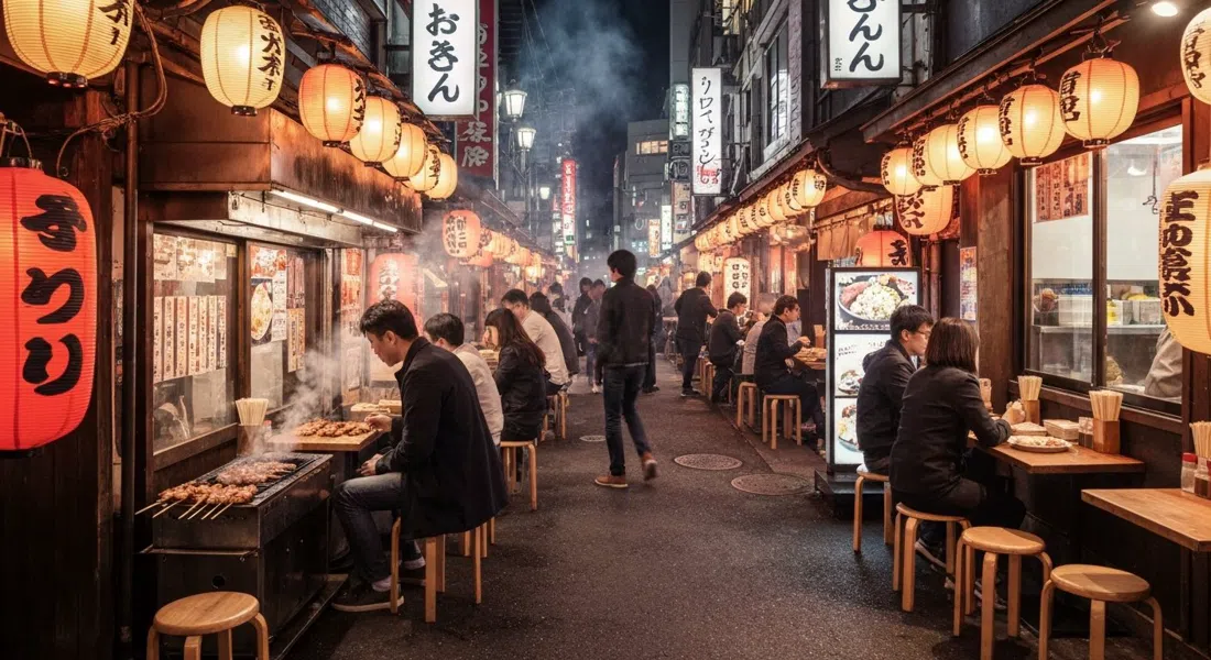 Omoide Yokocho iluminado con farolillos de noche, humo elevándose de las parrillas de yakitori, taburetes diminutos apretados junto al callejón