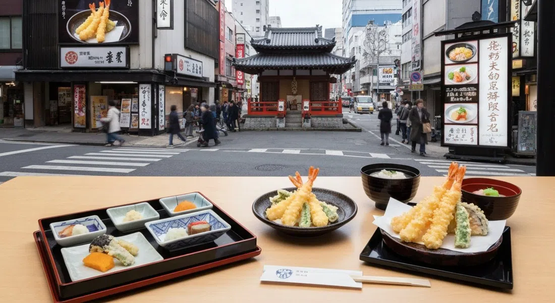 un set de almuerzo de tempura emplatado en Tempura Shinjuku Tsunahachi, camarones y verduras dorados pálidos en un entorno tradicional sobrio