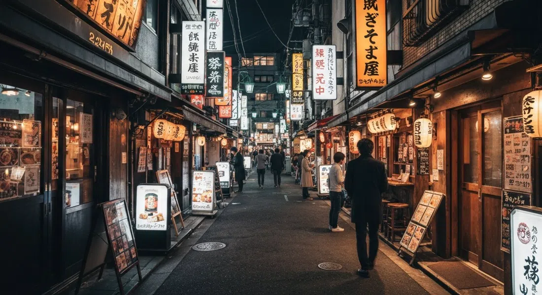 Golden Gai de noche, callejones estrechos bordeados de diminutos carteles de bares iluminados y entradas apiñadas