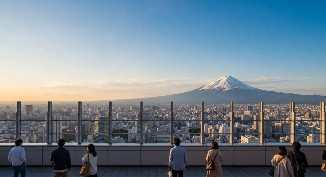 el mirador del Edificio del Gobierno Metropolitano de Tokio al atardecer, Tokio extendiéndose abajo con el monte Fuji distante en un horizonte claro