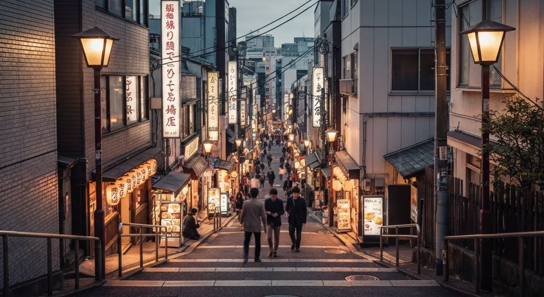 los escalones Yuyake Dandan sobre Yanaka Ginza al atardecer, el paseo peatonal cayendo abajo con las lámparas de las tiendas empezando a brillar y humo de croquetas elevándose