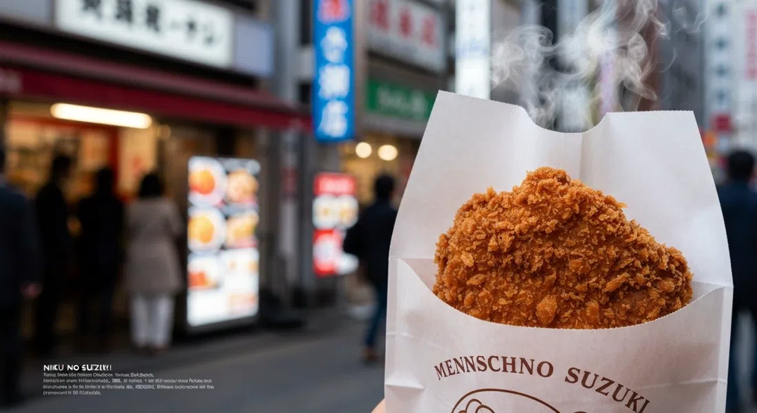 un menchi-katsu de ternera recién frito de Niku no Suzuki en un paquete de papel, con el rebozado crujiente y el vapor visible a la luz del atardecer