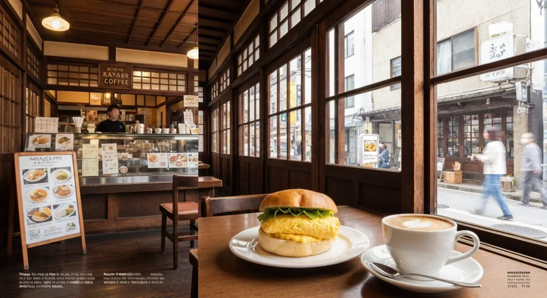el interior de Kayaba Coffee en un edificio de madera de 1916, letrero antiguo, un sándwich de huevo esponjoso y una taza de café ruso sobre una mesa pequeña