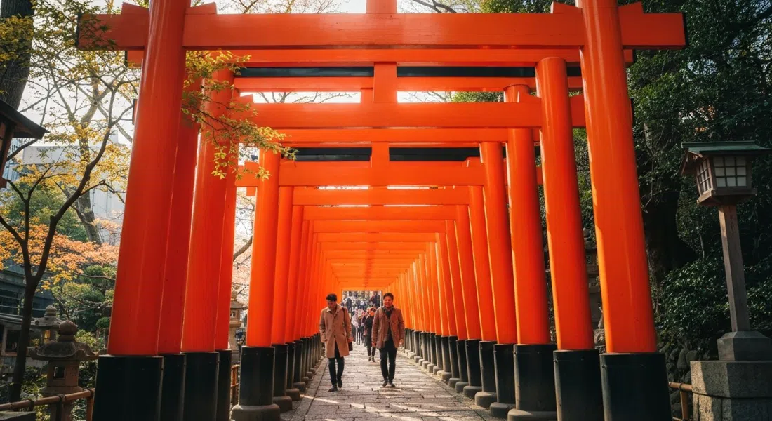 el túnel bermellón de torii en el Santuario Nezu subiendo una ladera, la luz del sol filtrándose entre las puertas en primavera