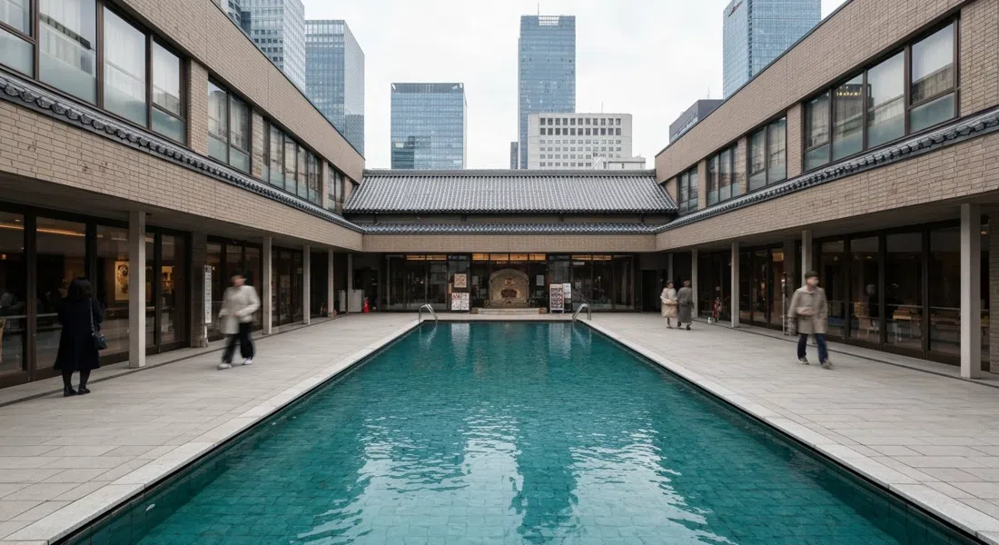 el estanque del patio y el jardín en la azotea del Museo de Escultura Asakura, luz tranquila sobre el antiguo edificio del estudio-hogar