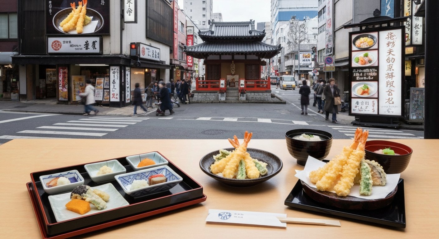a plated tempura lunch set at Tempura Shinjuku Tsunahachi, pale golden shrimp and vegetables in a restrained traditional setting