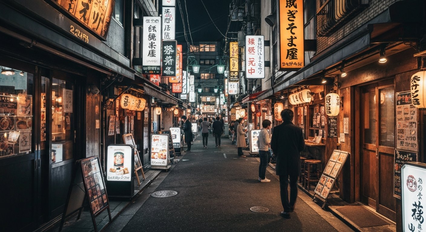 Golden Gai at night, narrow alleys lined with tiny illuminated bar signs and closely packed entrances