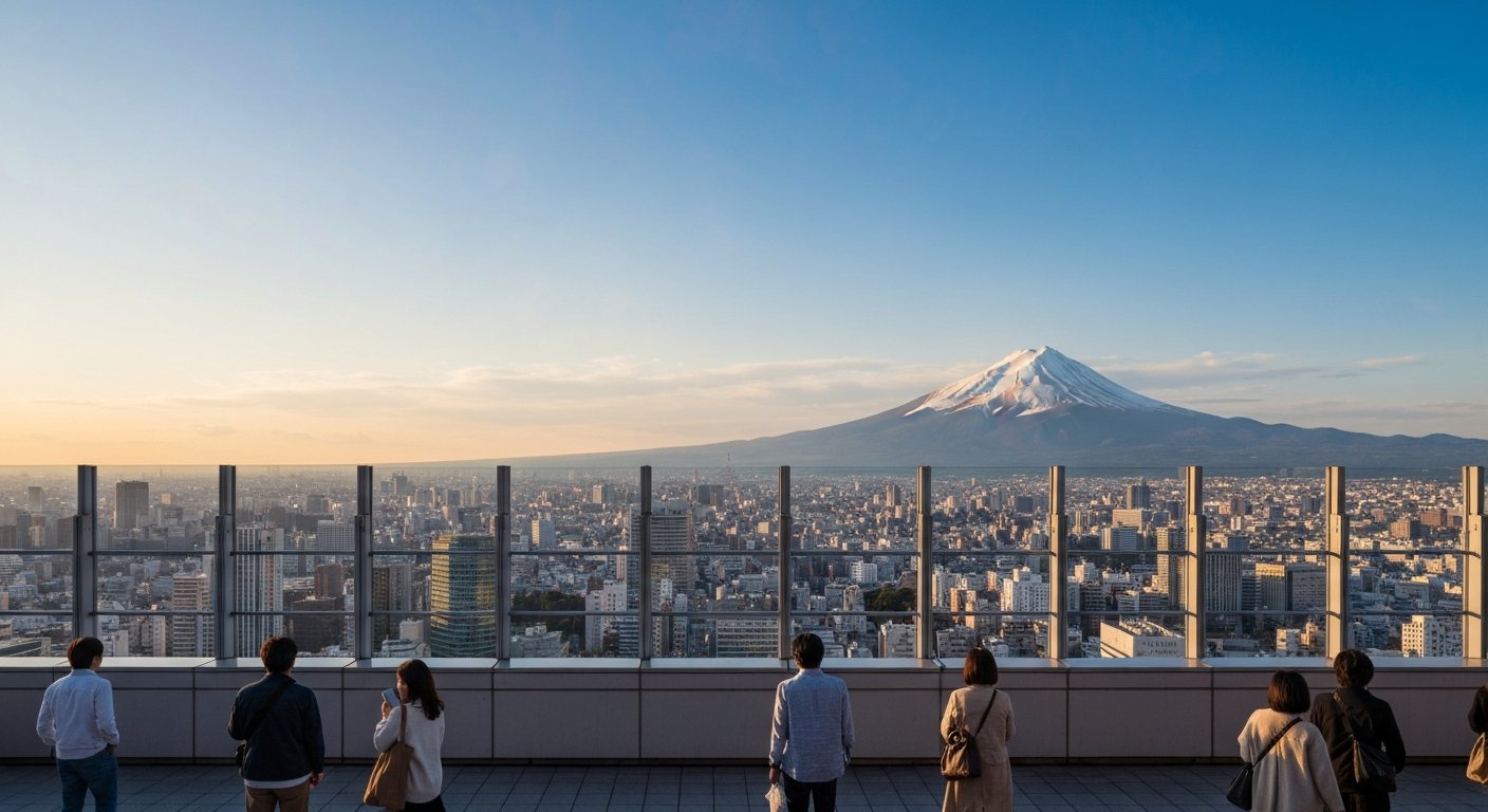 the Tokyo Metropolitan Government Building observation deck at sunset, Tokyo spreading out below with distant Mt Fuji on a clear horizon