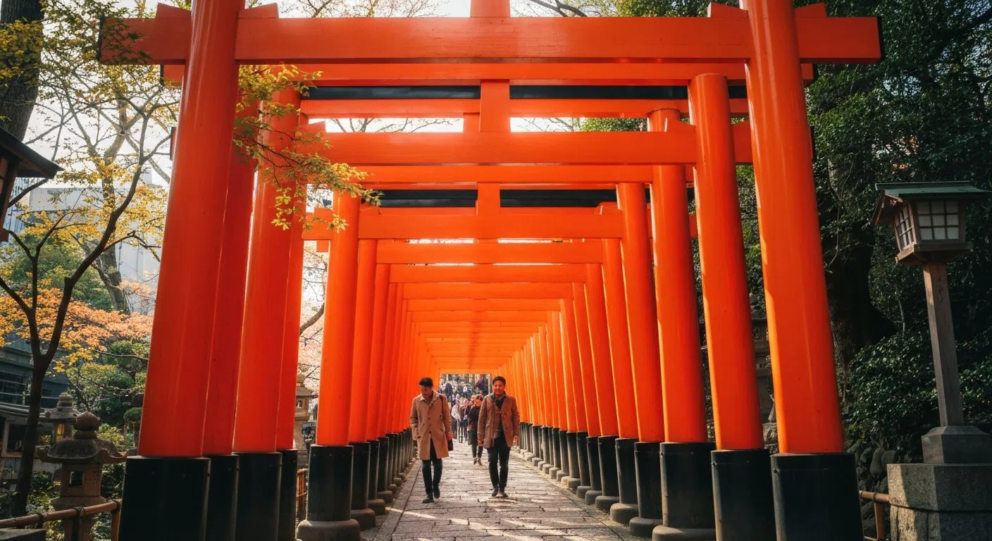 the vermilion torii tunnel at Nezu Shrine climbing a hillside, sunlight filtering between the gates in spring